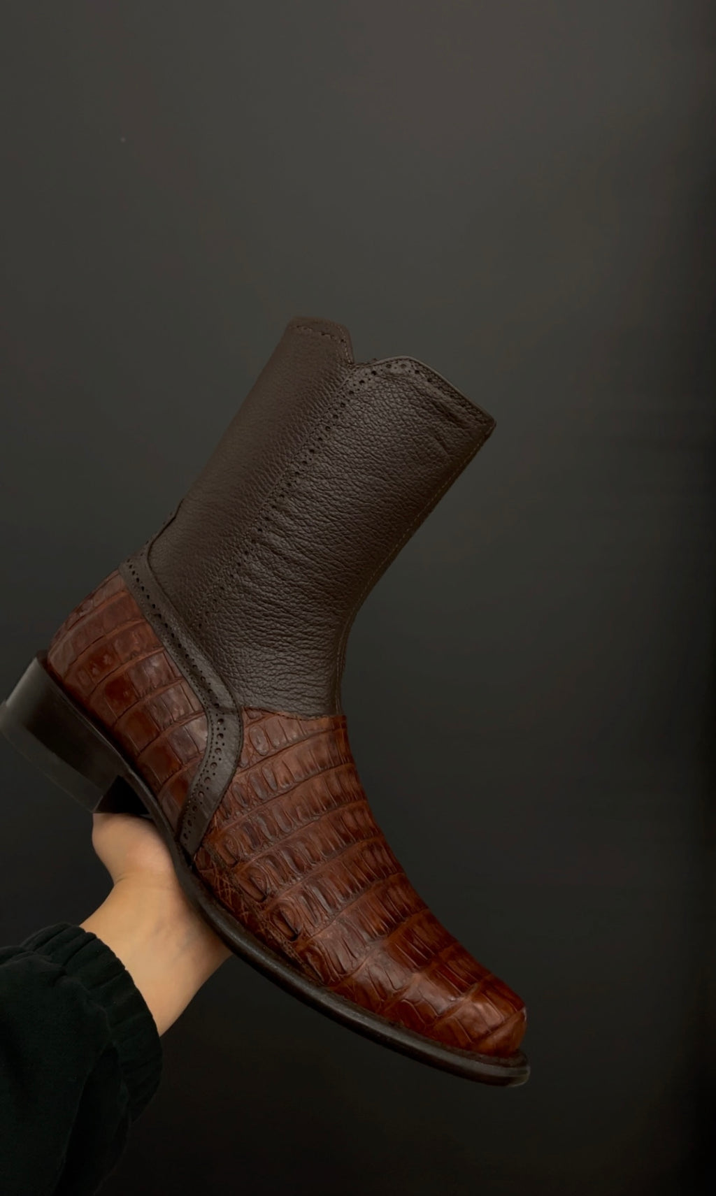 Brown caiman belly boots with zipper