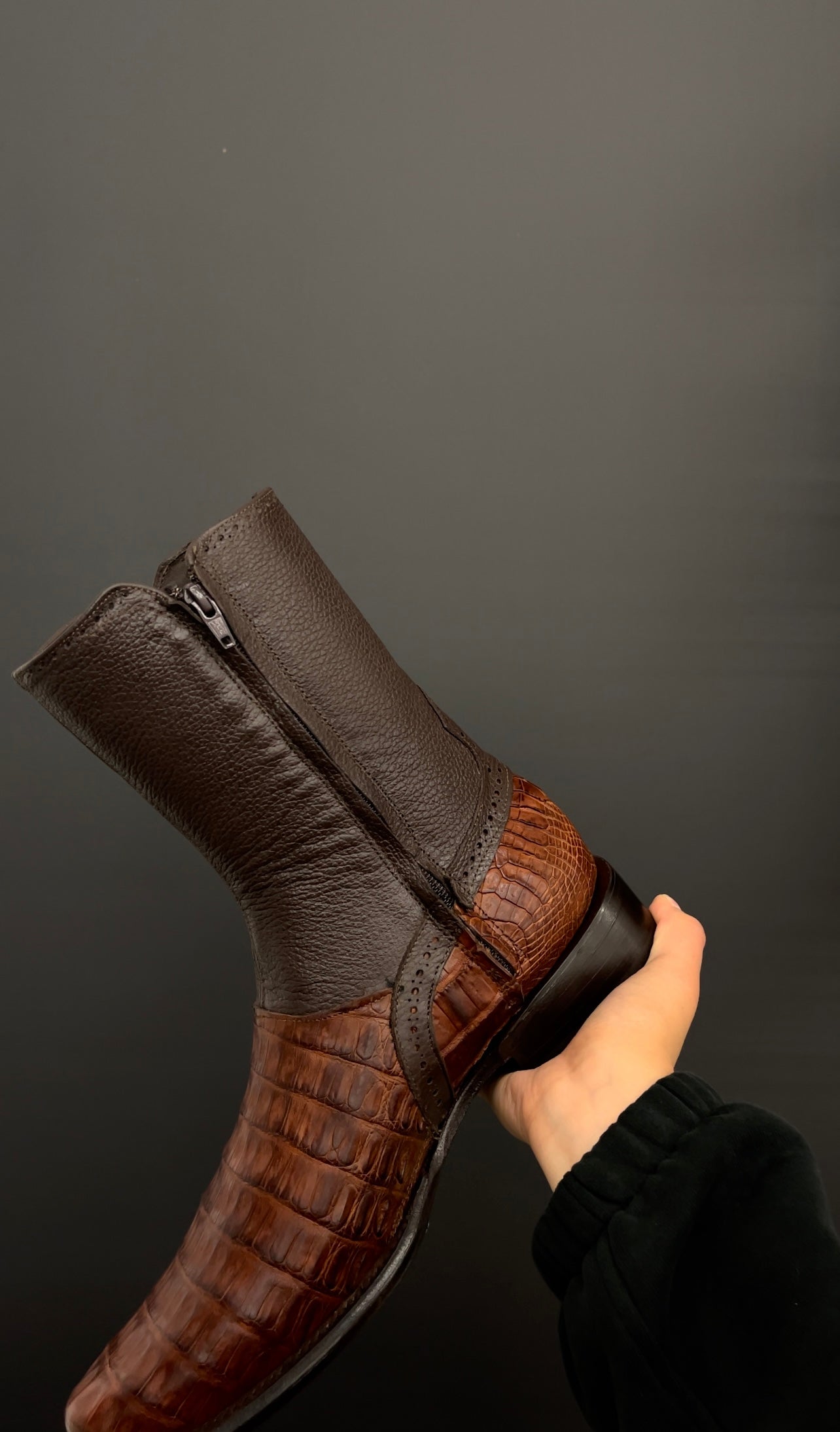 Brown caiman belly boots with zipper