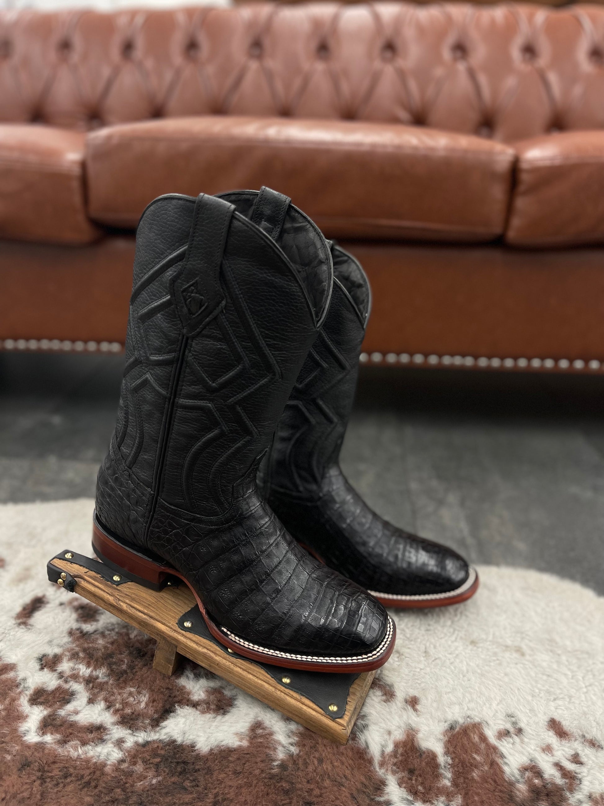 Ranchero Western Boots - Caiman Belly Black